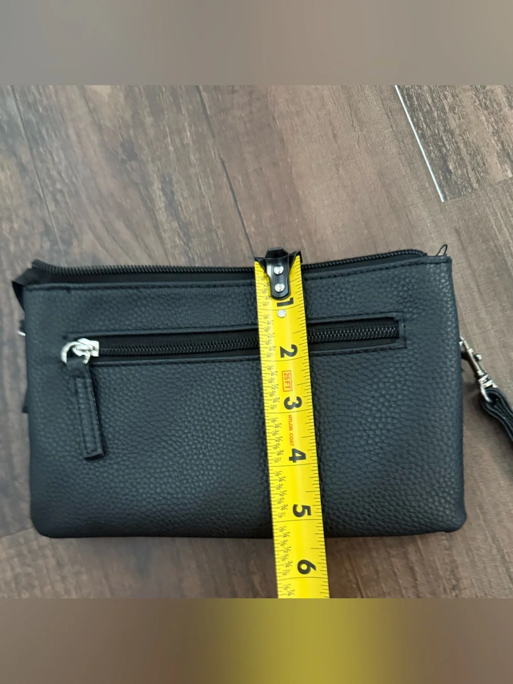 Black Pebbled Leather Wristlet Clutch with Logo Accent